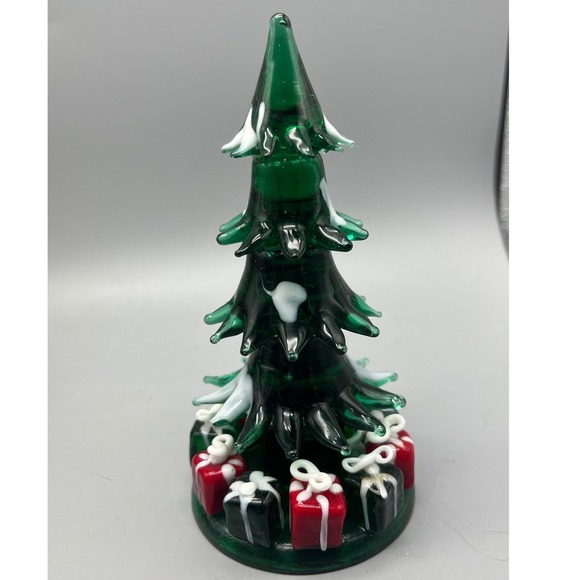Vtg hand‎ blown art glass Christmas tree figurine green w/red and black presents